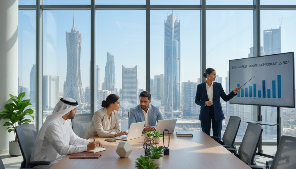 A modern office setting in Saudi Arabia, showcasing a diverse group of professionals engaged in discussions about job opportunities and market trends. In the foreground, a woman in a business suit leads a meeting, pointing to a chart on a digital screen. Nearby, a man in traditional Saudi attire takes notes, while two colleagues in smart casual wear collaborate over a laptop. The middle ground features a sleek conference table surrounded by plants and modern decor, while the background shows a vibrant cityscape of Riyadh through large glass windows, emphasizing economic growth. Bright, natural lighting floods the room, creating an optimistic and dynamic atmosphere, with a wide-angle view that captures the professional environment.